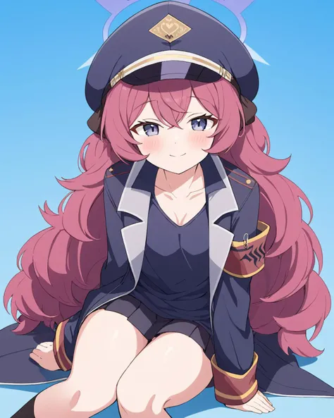 iroha (blue archive),1girl, solo, halo, black_shirt, simple_background, smile, military, sitting, armband, blush, military_uniform, peaked_cap, looking_at_viewer, blue_background, military_hat, collarbone, jacket, adjusting_legwear, long_sleeves, sock_pull...