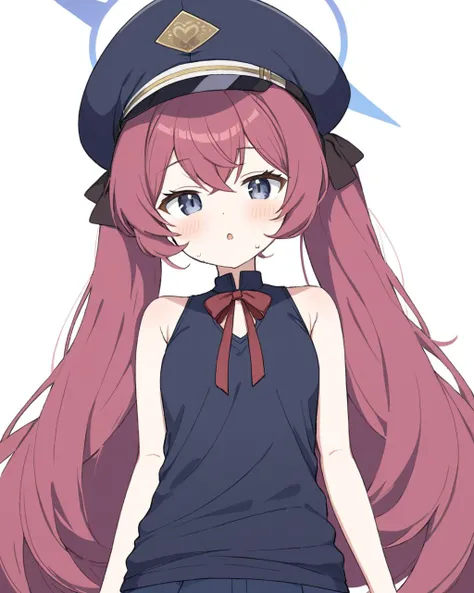 iroha (blue archive),1girl, solo, white_background, simple_background, sweat, sleeveless_shirt, twintails, alternate_hairstyle, hand_on_hip, hot, neck_ribbon, open_mouth, bare_arms, peaked_cap, upper_body, motion_lines, halo, black_headwear, blush, bare_sh...