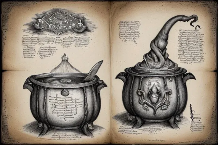 forgotten_pages a drawing a cauldron with and octupus inside from a witchs recipes book <lora:v9 dreamshaper_2steps_32-16:1>