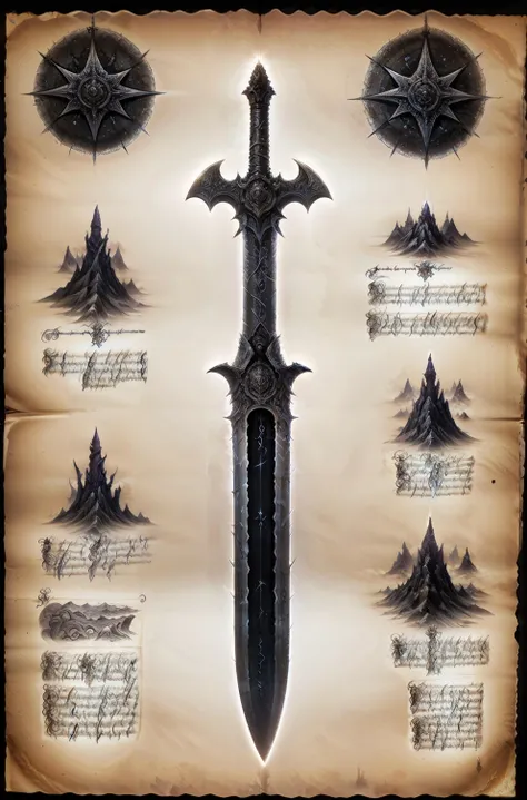 forgotten_pages a drawing a huge black sword covered with strange runes, created by the forces of Chaos, emits purple evil light, annotation <lora:forgotten_pages:1> , <lora:CGweapon v_20230607104036:0.75>