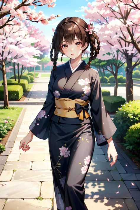 ((ultra detailed, masterpiece, absurdres))
<lora:DOALeiFang:0.9>
DOALeiFang, 1girl, brown hair, brown eyes, twin braids, hair rings, walking in a serene Japanese park with cherry blossoms, yukata, and a hair ornament