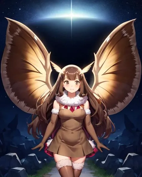 narnia, otherworldly, serene, masterpiece, best quality, moth-chan, fur trim, brown dress, thighhighs, elbow gloves, wings, <lora:mothchan-nvwls-v1:0.6>, (abstract_background:0.6), landscape, world ripping apart, portals, cracks in the universe, magic seep...