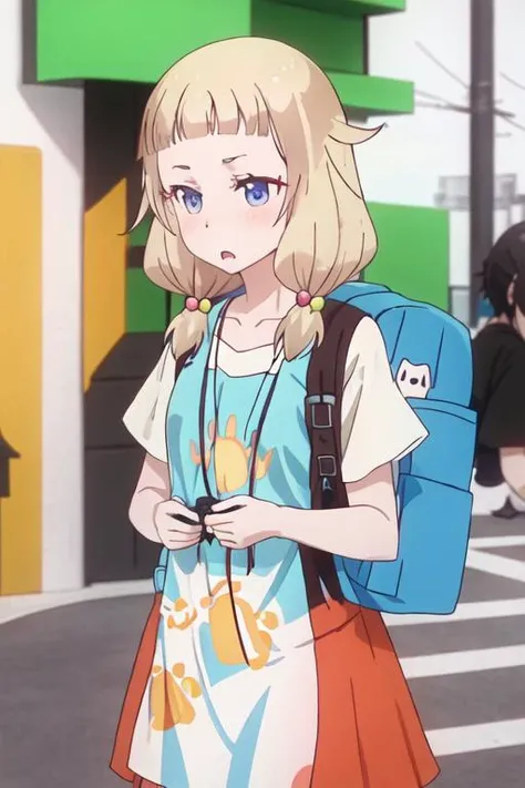 best quality, masterpiece, highres, solo, {sakura_nene_newgame:1.15}, blonde_hair, hair_ornament, hair_bobbles, twintails, blush, blue_eyes, bangs, closed_mouth, low_twintails, 1girl, backpack, bag, collarbone, open_mouth, shirt, upper_body, white_shirt, s...