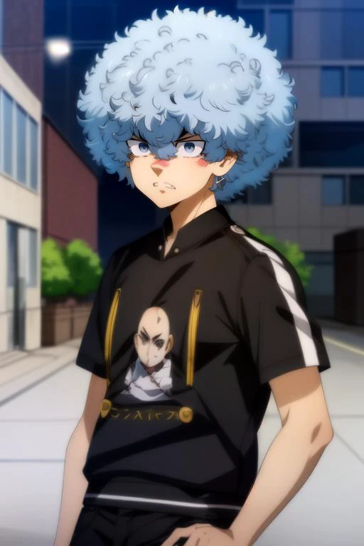 (best quality:1.1), (masterpiece:1.4), wallpaper, , , , anime coloring, realistic, 1boy, solo, male focus, <lora:souya_kawata:1>, souya_kawata, blue hair, grey eyes, afro, angry, , short sleeve shirt, , biopunk, High definition