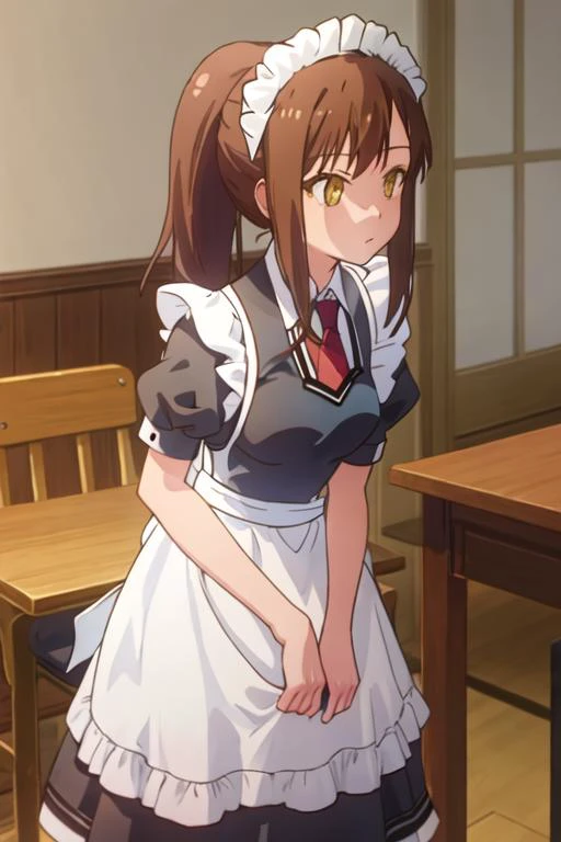 best quality, masterpiece, highres, solo, {maid:1.40}, {long maid dress:1.15}, {aoyama_nanami_sakurasounopetnakanojo:1.15}, brown_hair, long_hair, brown_eyes, ponytail, yellow_eyes