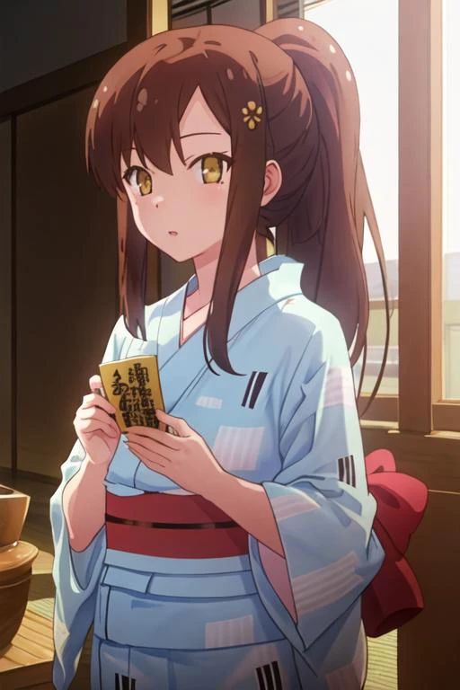 best quality, masterpiece, highres, solo, {yukata:1.40}, {kimono:1.20}, {aoyama_nanami_sakurasounopetnakanojo:1.15}, brown_hair, long_hair, brown_eyes, ponytail, yellow_eyes