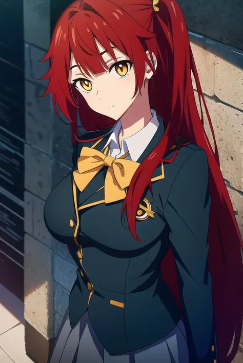 chenmotong, <lyco:chenmotong-LYCORIStest:1>,
chen motong, long hair, red hair, (one side up:1.5), (yellow eyes:1.5), bangs, (medium breast:1.2),
BREAK skirt, school uniform, blazer, green blazer, black sirt, bow, bowtie, red bow, collar, white collar, chok...