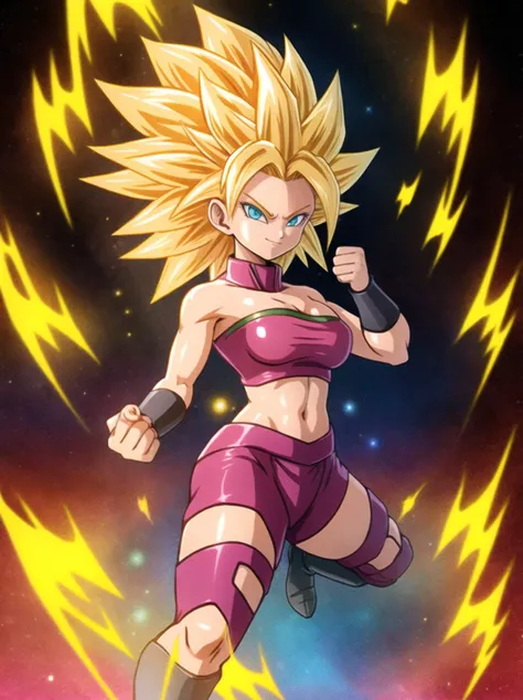 (extremely detailed CG unity 8k wallpaper:1.1),  (sketch:0.9), tracing, ultra-detailed, full body ,anime, (1girl), <lora:Caulifla:0.9>, CauliflaSS2, blonde hair, blue eyes, toned, grey bracers, pink tube top, [large breasts], (looking at viewer), clenched ...