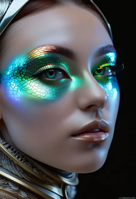 a woman with a futuristic make up and a headpiece