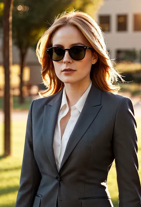 arafed woman in a suit and sunglasses standing in a park