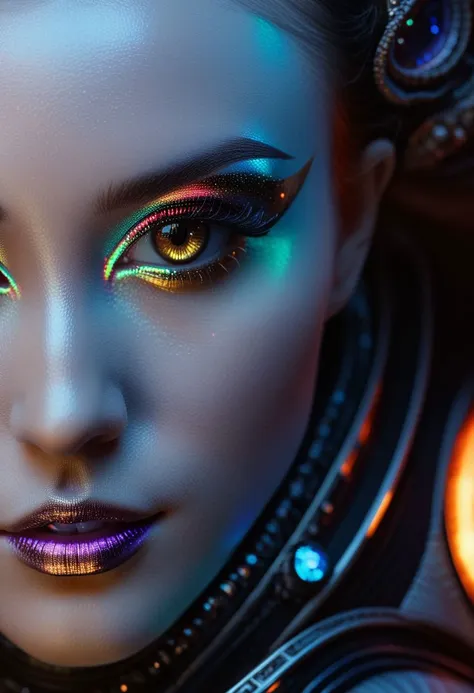 a close up of a woman with a futuristic make up and glowing eyes