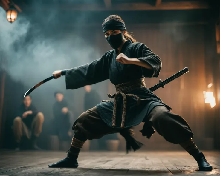 a man in a black outfit holding a sword in a dark room