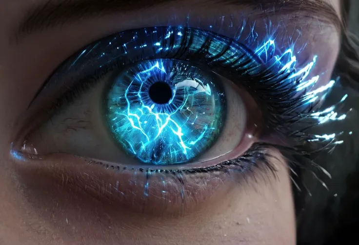 a close up of a person's eye with a blue light in the iris