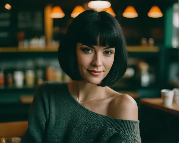 a woman with a bob cut sitting at a table in a restaurant