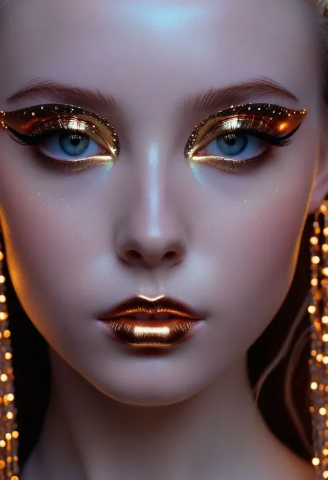 a close up of a woman with gold makeup and gold earrings