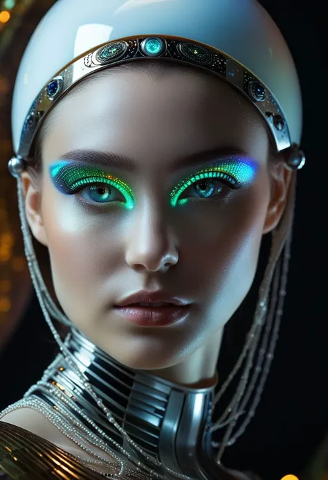 a close up of a woman with a futuristic headpiece and green eyes