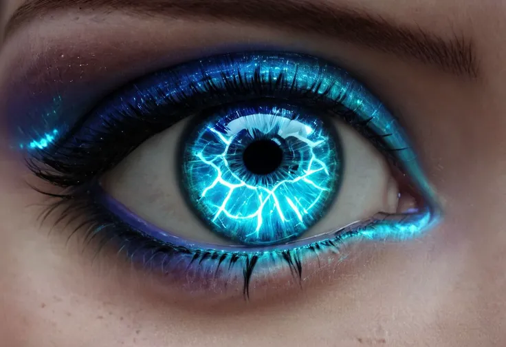 a close up of a woman's eye with a blue glow