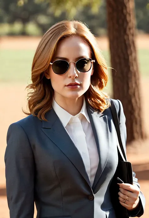 arafed woman in a suit and sunglasses walking in a park