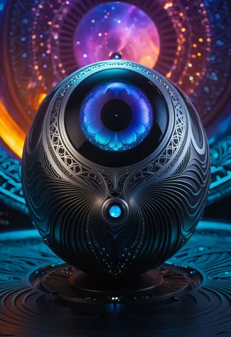 a close up of a sphere with a blue eye on it