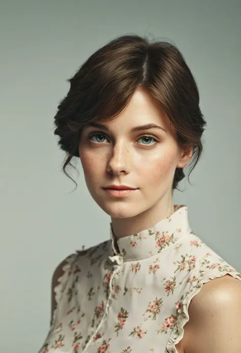 a woman with a flowered blouse and a short haircut