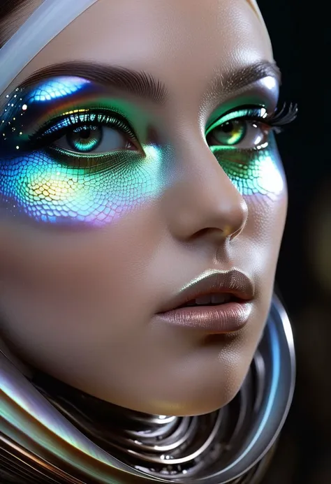 a close up of a woman with a futuristic make up and a futuristic headpiece