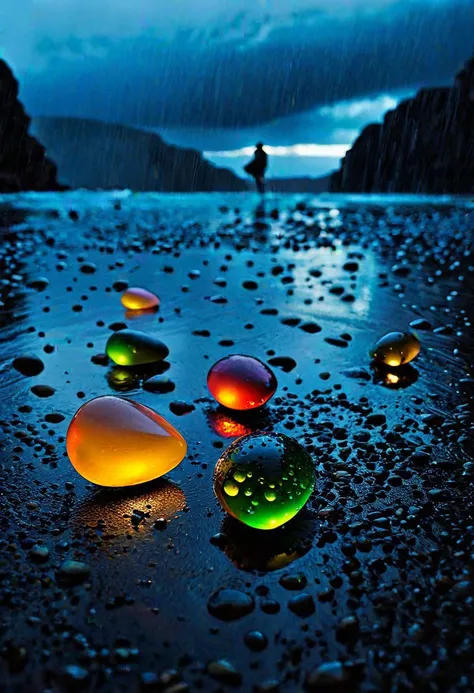 arafed image of a person standing on a beach with a bunch of stones