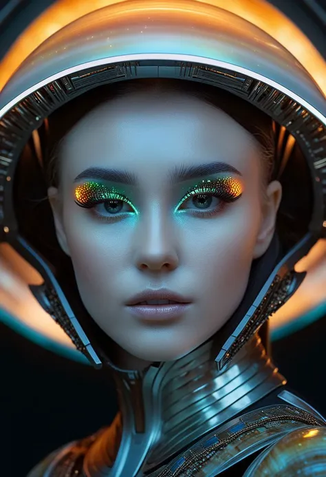 a close up of a woman wearing a futuristic helmet with glowing eyes