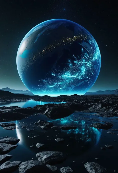 a blue planet with a reflection in the water