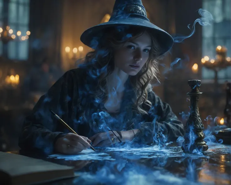 a woman in a witches hat writing on a book