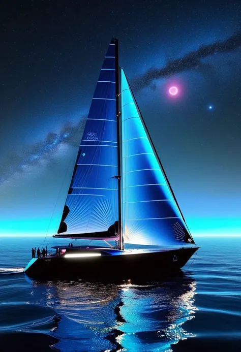 arafed sailboat in the ocean at night with a bright moon in the sky