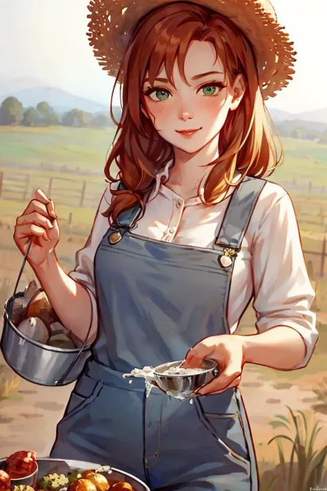 <lora:mixdlcforfishmix23314_23314:1>, oil paiting, (beautiful girl, ginger_hair, straw_hat, gray_overalls, white_shirt, teasing_...