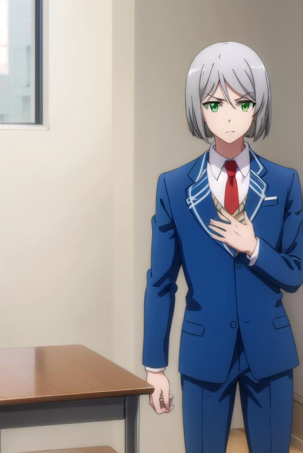 broodlevkaiser, <lora:brood lev kaiser s2-lora-nochekaiser:1>,
brood lev kaiser, (green eyes:1.3), grey hair, male focus,
BREAK school uniform, jacket, necktie, pants, formal, suit, blue jacket, red necktie,
BREAK indoors, classroom,
BREAK looking at viewe...