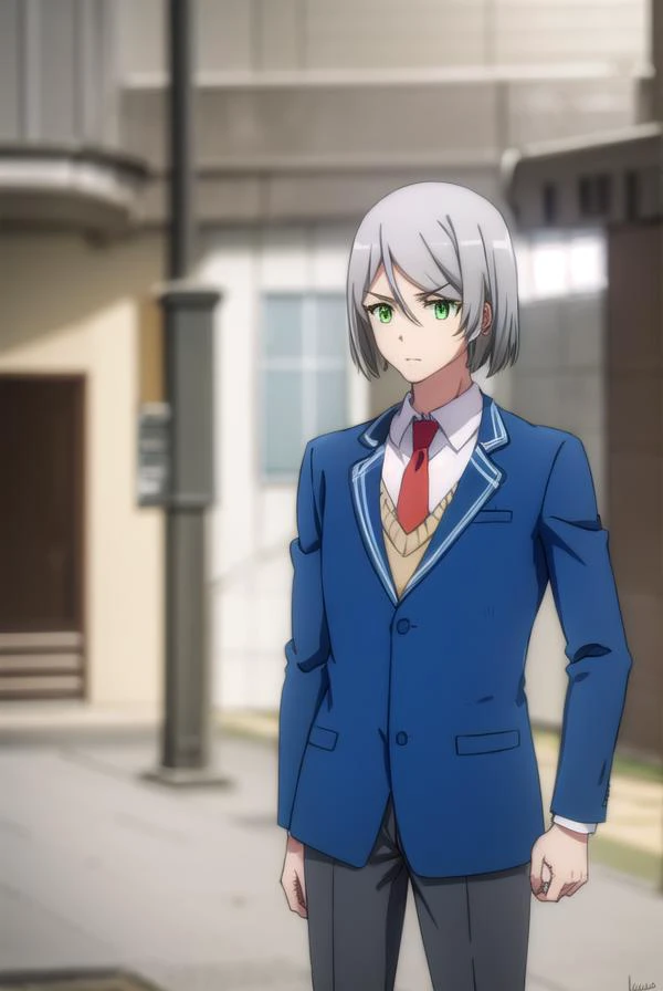 broodlevkaiser, <lora:brood lev kaiser s2-lora-nochekaiser:1>,
brood lev kaiser, (green eyes:1.3), grey hair, male focus,
BREAK school uniform, jacket, necktie, pants, formal, suit, blue jacket, red necktie,
BREAK indoors, classroom,
BREAK looking at viewe...