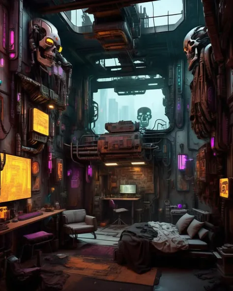 (a cyberpunk interior design ), Mech salvage yard, towering robotic skeletons repurposed as dwellings and watchtowers. , cyberpunk style environment <lora:Cyber_Background_sdxl:1.0>