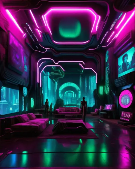 (a cyberpunk interior design ), Holographic amphitheater, where performers project themselves as luminous avatars, captivating audiences with their digital artistry. , cyberpunk style environment <lora:Cyber_Background_sdxl:1.0>