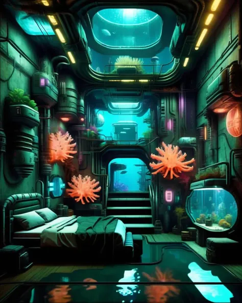 (a cyberpunk interior design ), Subterranean hydroplex, an underwater colony with bioluminescent coral gardens and pressurized domes. , cyberpunk style environment <lora:Cyber_Background_sdxl:1.0>