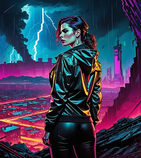 (Hayley Atwell,a girl with a beautiful face), nighttime, cyberpunk city, dark, raining, neon lights, ((Wearing a blazer over a hoodie)), blazer, hoodie,(cyberpunk 2077 cityscape), (<lora:Cyber_Background_sdxl:0.5>), cyberpunk 2077, cyberpunk, synthwave, 19...