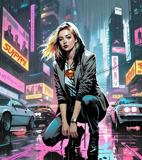 (Alyson Hannigan,a girl with a beautiful face), nighttime, cyberpunk city, dark, raining, neon lights, ((Wearing a blazer over a hoodie)), blazer, hoodie,(cyberpunk 2077 cityscape), (<lora:itoStyleLycoris:0.5>,<lora:Cyber_Background_sdxl:0.5>), cyberpunk 2...