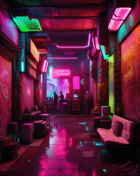 (a cyberpunk interior design ), Neon-lit cyber alley, bustling with holographic vendors and augmented reality graffiti. , cyberpunk style environment <lora:Cyber_Background_sdxl:1.0>