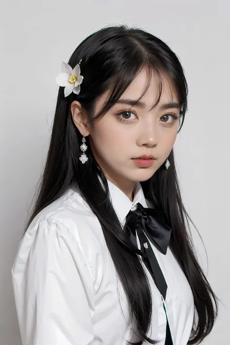 a close up of a woman wearing a white shirt and black tie