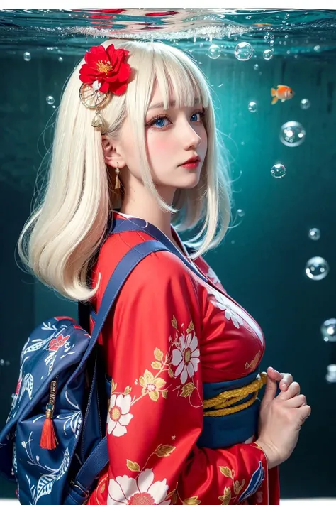 1girl, fish, goldfish, solo, blue eyes, bag, japanese clothes, kimono, profile, upper body, white hair, from side, backpack, letterboxed, bubble, red kimono, hair ornament, bangs, floral print, blush, underwater,<lora:Cherry Blossom Girl:0.8>