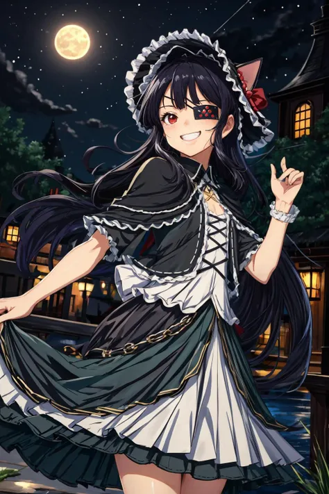 masterpiece, best quality, <lora:mirai-10:1>, 1girl, mirai (senran kagura), bust shot, black hair, long hair, very long hair, red eyes, eyepatch, flat chest, v-shaped eyebrows, happy, grin, smug, frills, long frilled dress, frilled sleeves, black dress, ca...