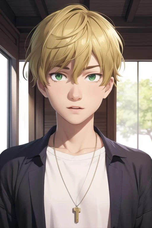 masterpiece, best quality, high quality, 1boy, solo, male focus, looking at viewer, upper body, <lora:takahiro_mizusawa:0.64>, takahiro_mizusawa, green eyes, blonde hair, jewelry, hair between eyes, realistic,