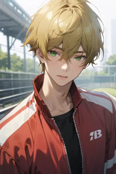 masterpiece, best quality, high quality, 1boy, solo, male focus, looking at viewer, upper body, <lora:takahiro_mizusawa:0.56>, takahiro_mizusawa, green eyes, blonde hair, jewelry, hair between eyes, realistic, track suit