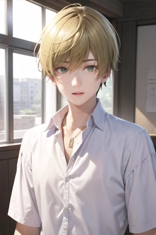 masterpiece, best quality, high quality, 1boy, solo, male focus, looking at viewer, upper body, <lora:takahiro_mizusawa:0.64>, takahiro_mizusawa, green eyes, blonde hair, jewelry, hair between eyes, , school uniform