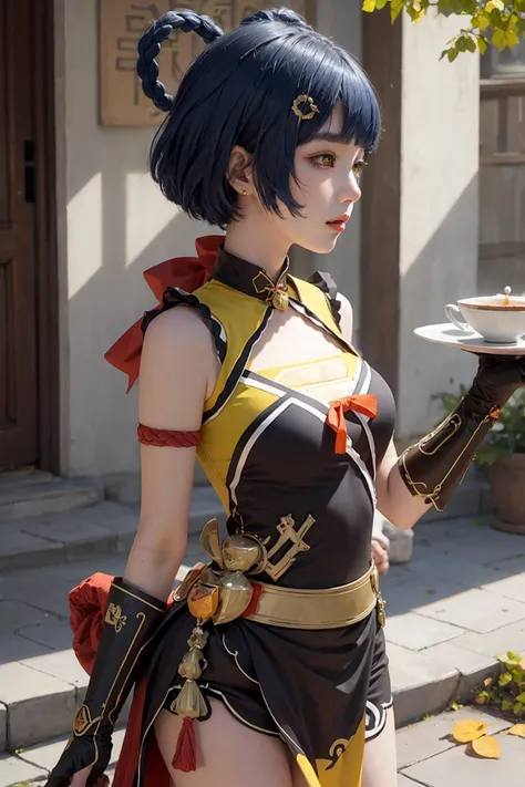 arafed woman in a costume holding a plate of food