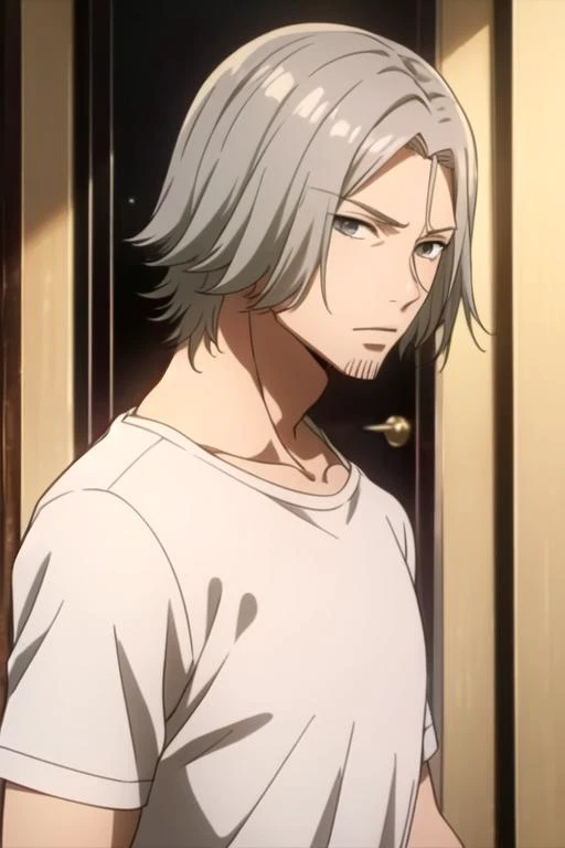 masterpiece, best quality, movie still, 1boy, solo, male focus, looking at viewer, upper body, , , , <lora:renji_yomo:0.68>, renji_yomo, grey hair, grey eyes, , , 16k resolution