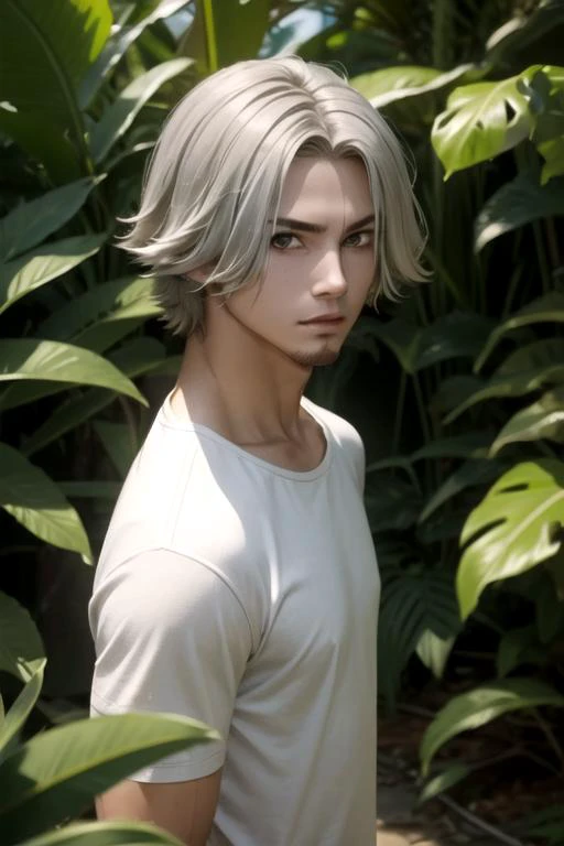 masterpiece, best quality, , 1boy, solo, male focus, looking at viewer, , depth of field, , , <lora:renji_yomo:0.70>, renji_yomo, grey hair, grey eyes, psycho costume, jungle,