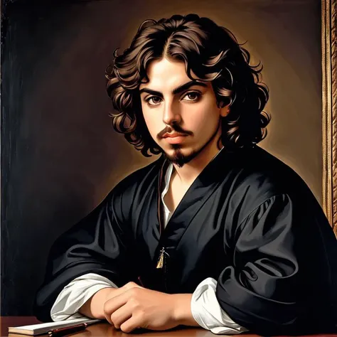 a painting of a man with long hair sitting at a table