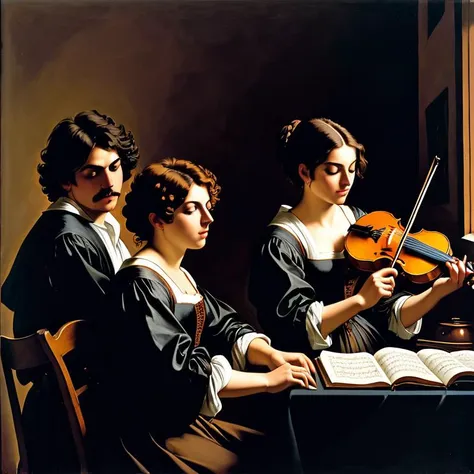 painting of three women playing violin and a book in front of a window